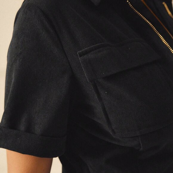 Black Casual Women's Half Zip Casual Pocket Short Sleeve Jumpsuit - Picture 5 of 10